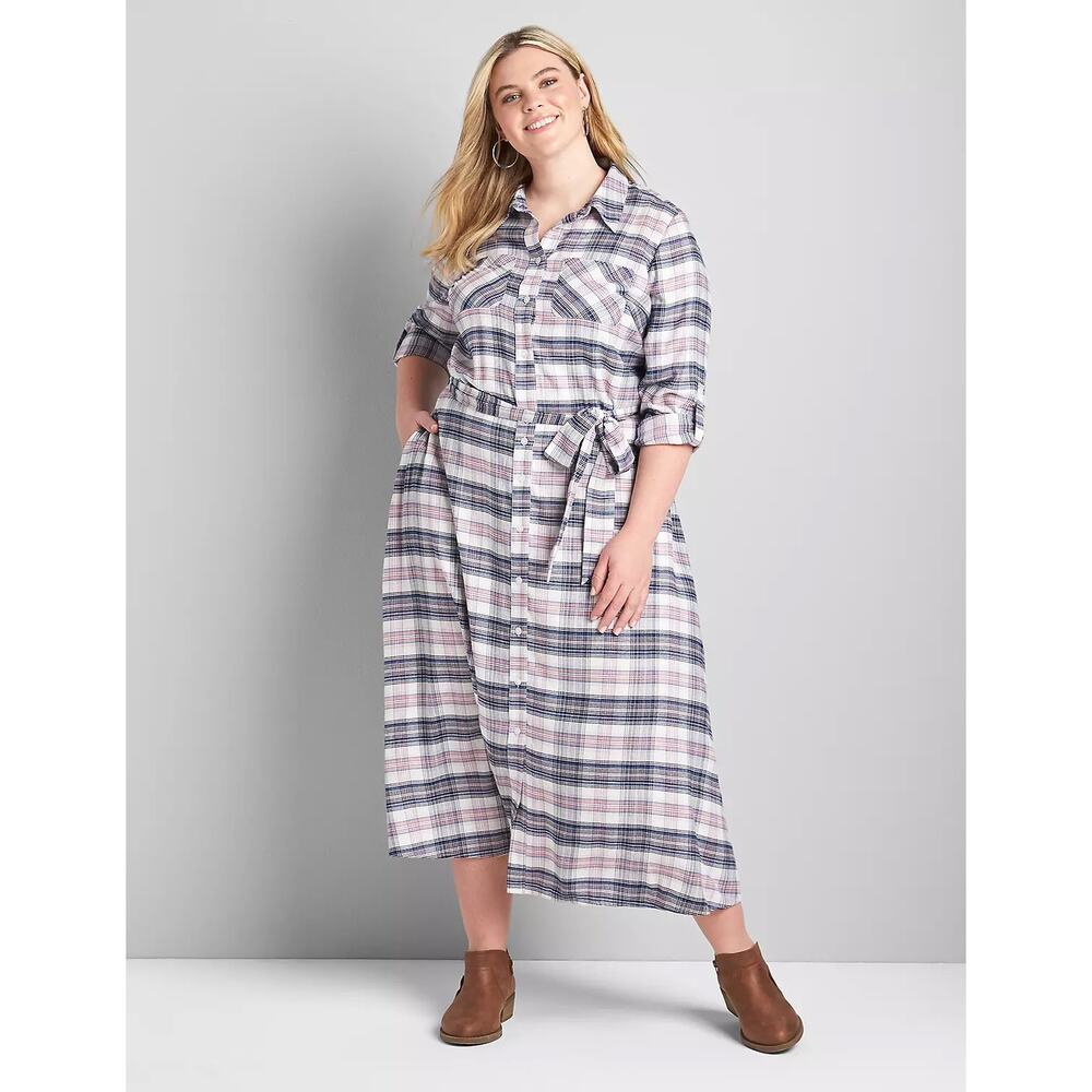Lane Bryant Plaid Button Down Long sleeve Shirt Dress Size 24 Gray Multi - Picture 1 of 8